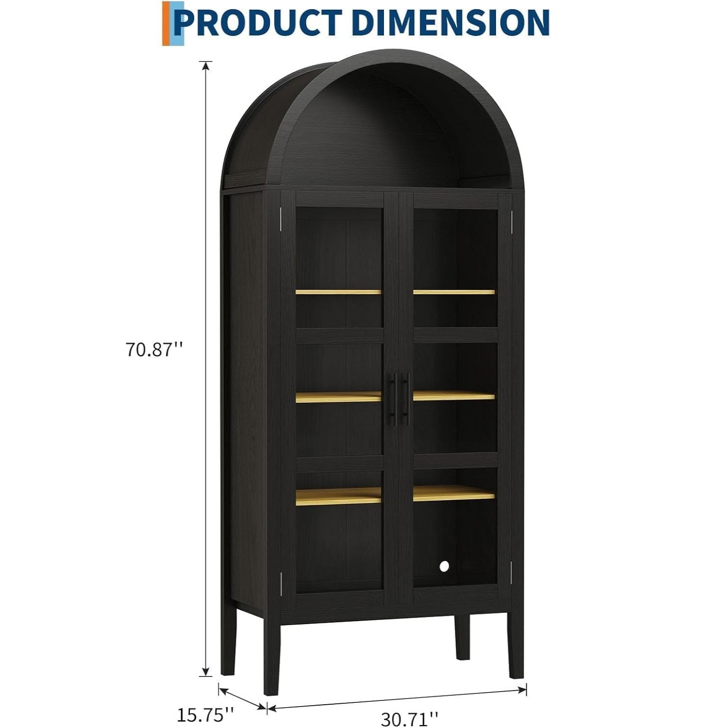 Garvee 71 in Arched Cabinet with Glass Doors, 5-Tier Modern Arched Bookcase with 3-Color LED Lights & Adjustable Shelves, Freestanding Accent Display Cabinet for Living Room, Kitchen, Black