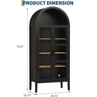 Garvee 71 in Arched Cabinet with Glass Doors, 5-Tier Modern Arched Bookcase with 3-Color LED Lights & Adjustable Shelves, Freestanding Accent Display Cabinet for Living Room, Kitchen, Black