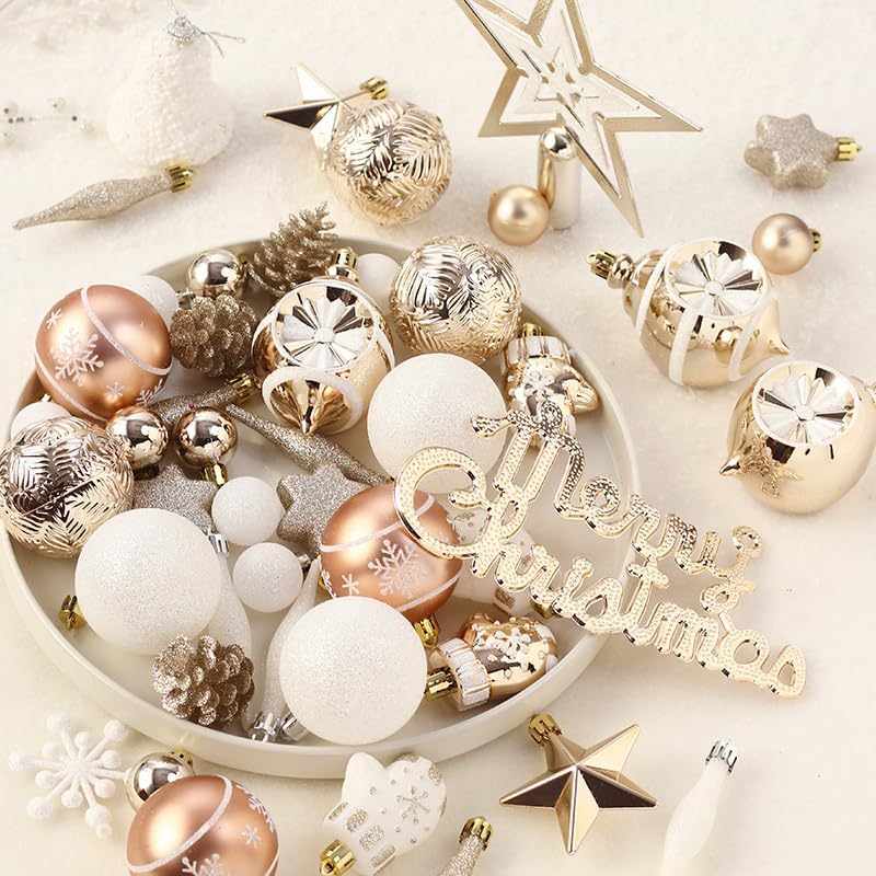 Garvee 70 Pcs Christmas Ball Ornaments Set, Christmas Ball Shatterproof Hanging Tree Ornament Assortment Set, Merry Christmas Sign & Top Tree Toppers, Xmas Outdoor Party Home Decor, Champagne