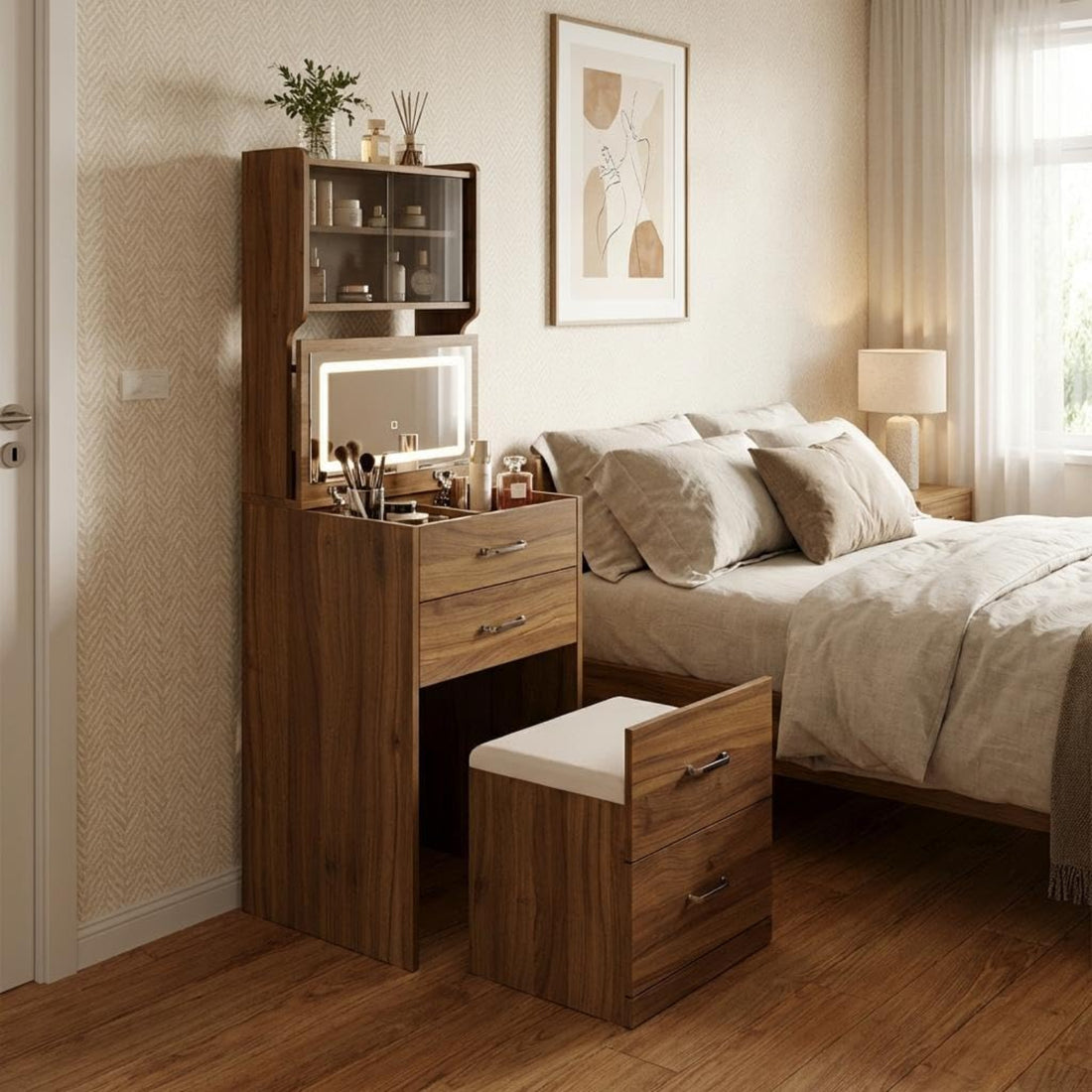 Garvee 3 in 1 Vanity Desk with Hidden Storage Chair, Compact Makeup Table Set with 3 Color LED Mirror, Charger Station, Drawers & Acrylic Doors, Vanity Table, Jewelry Box, for Bedroom, Walnut