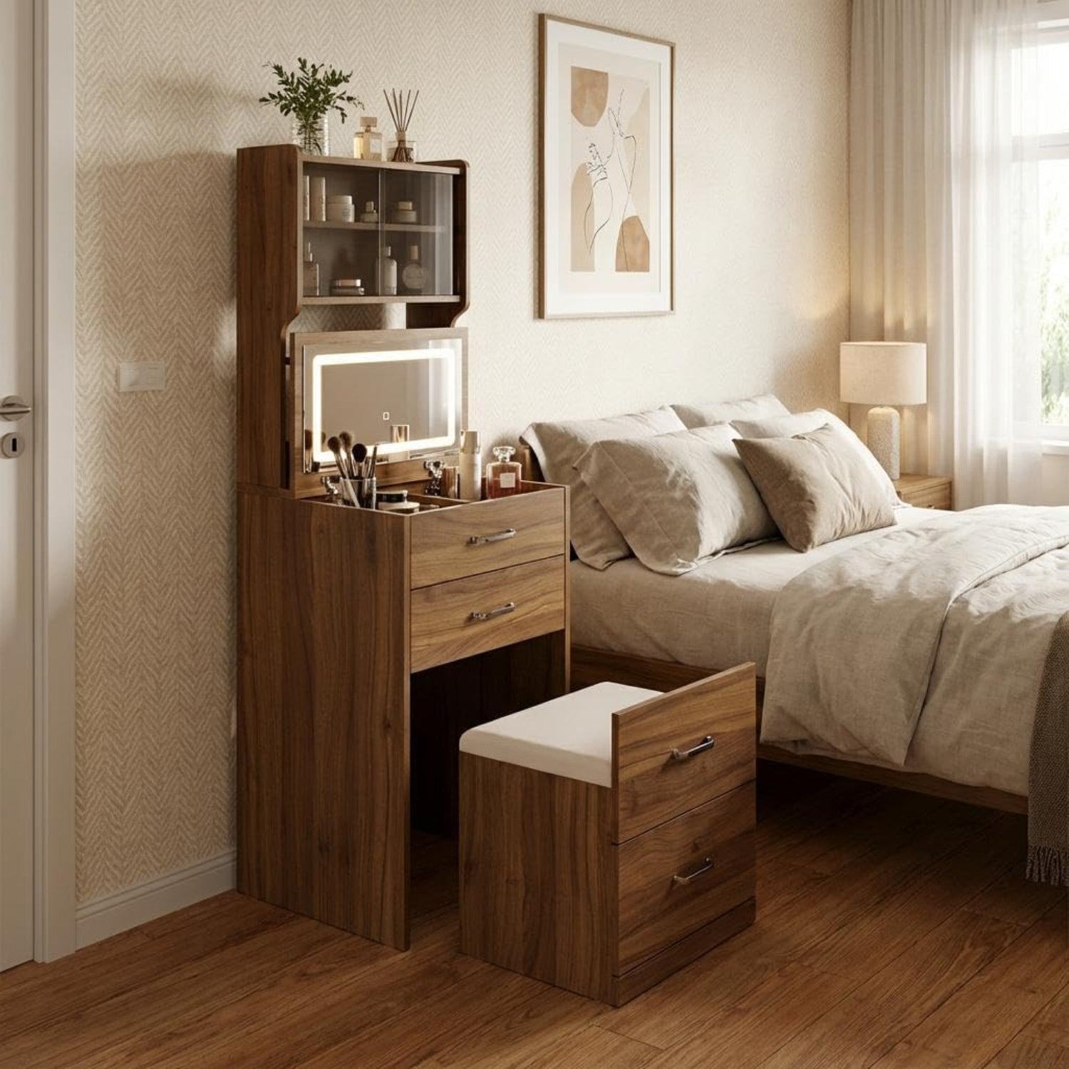 Garvee 3 in 1 Vanity Desk with Hidden Storage Chair, Compact Makeup Table Set with 3 Color LED Mirror, Charger Station, Drawers & Acrylic Doors, Vanity Table, Jewelry Box, for Bedroom, Walnut