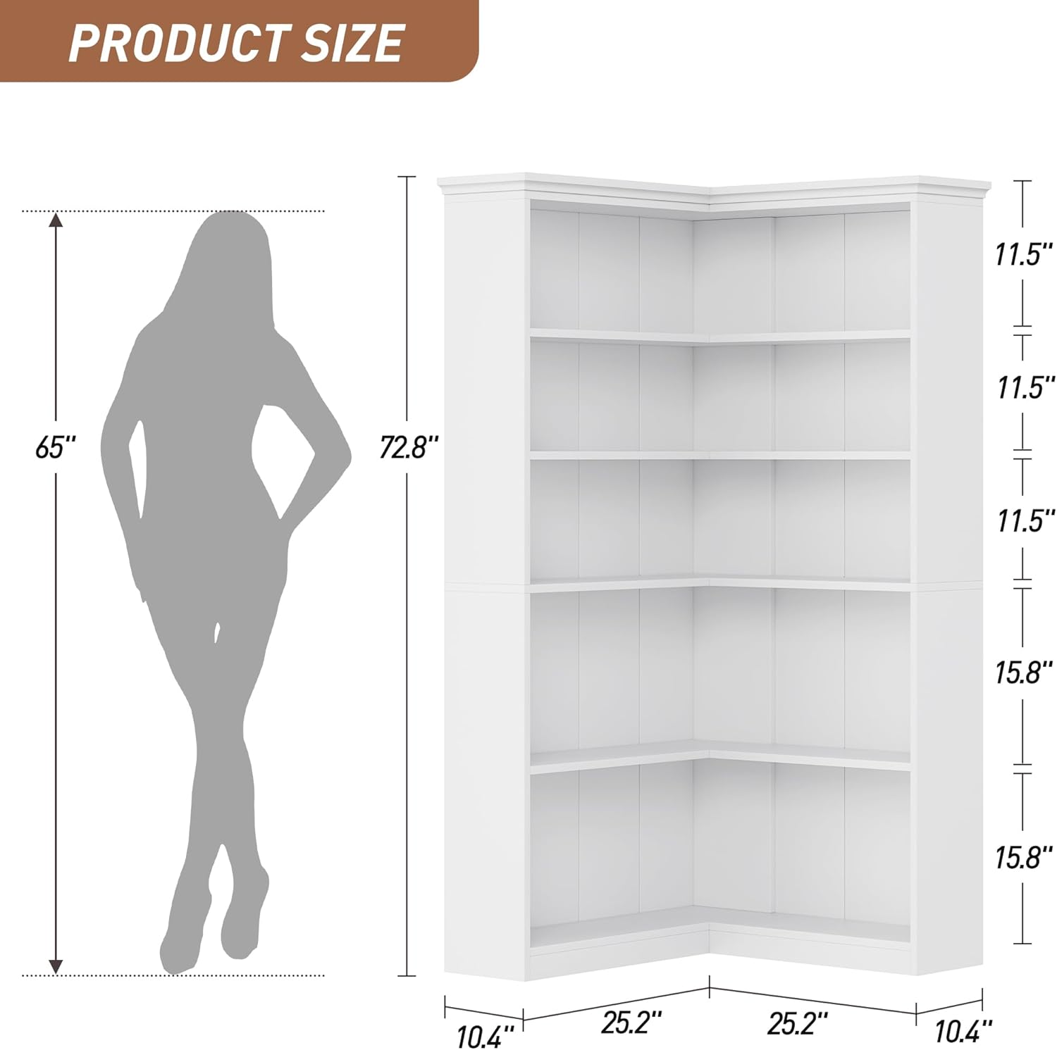 Garvee Farmhouse Bookshelf Corner Bookcase, 72.8” Large Bookcase Wood Bookshelf Tall L Shaped Bookshelf 5 Tier Corner Shelf Display Rack Etagere Shelf Storage for Office Bedroom (Full Panel, White)