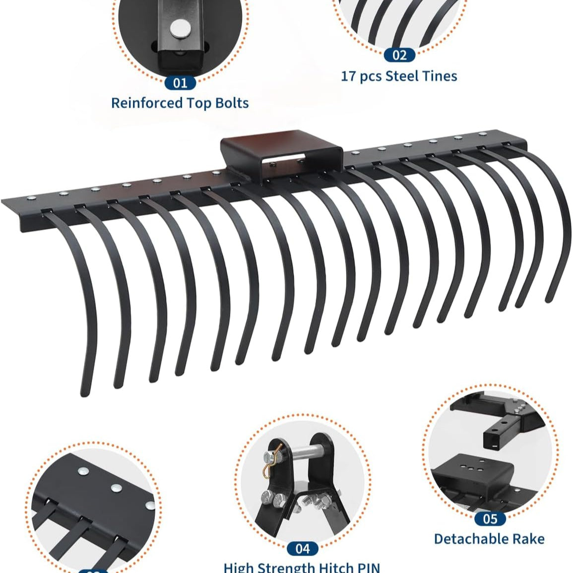 Garvee 50" Landscape Rake 3-Point Hitch CAT-0 CAT-1 Tractor 360° Rotation Replaceable Spring Steel Tines Quick Mount Carbon Steel Frame for Brush Clearing