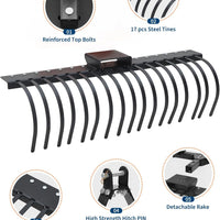 Garvee 50" Landscape Rake 3-Point Hitch CAT-0 CAT-1 Tractor 360° Rotation Replaceable Spring Steel Tines Quick Mount Carbon Steel Frame for Brush Clearing