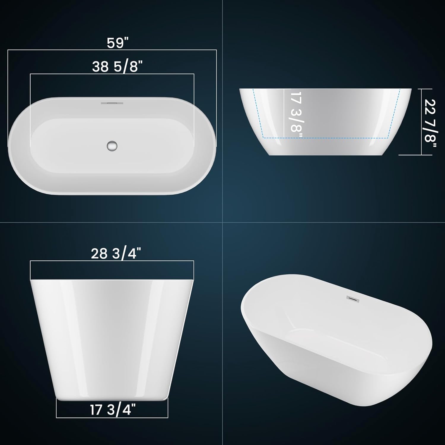 Garvee SZ1 59" Freestanding Bathtub in Streamline Design with Chrome Overflow and Drain, cUPC Certified, White