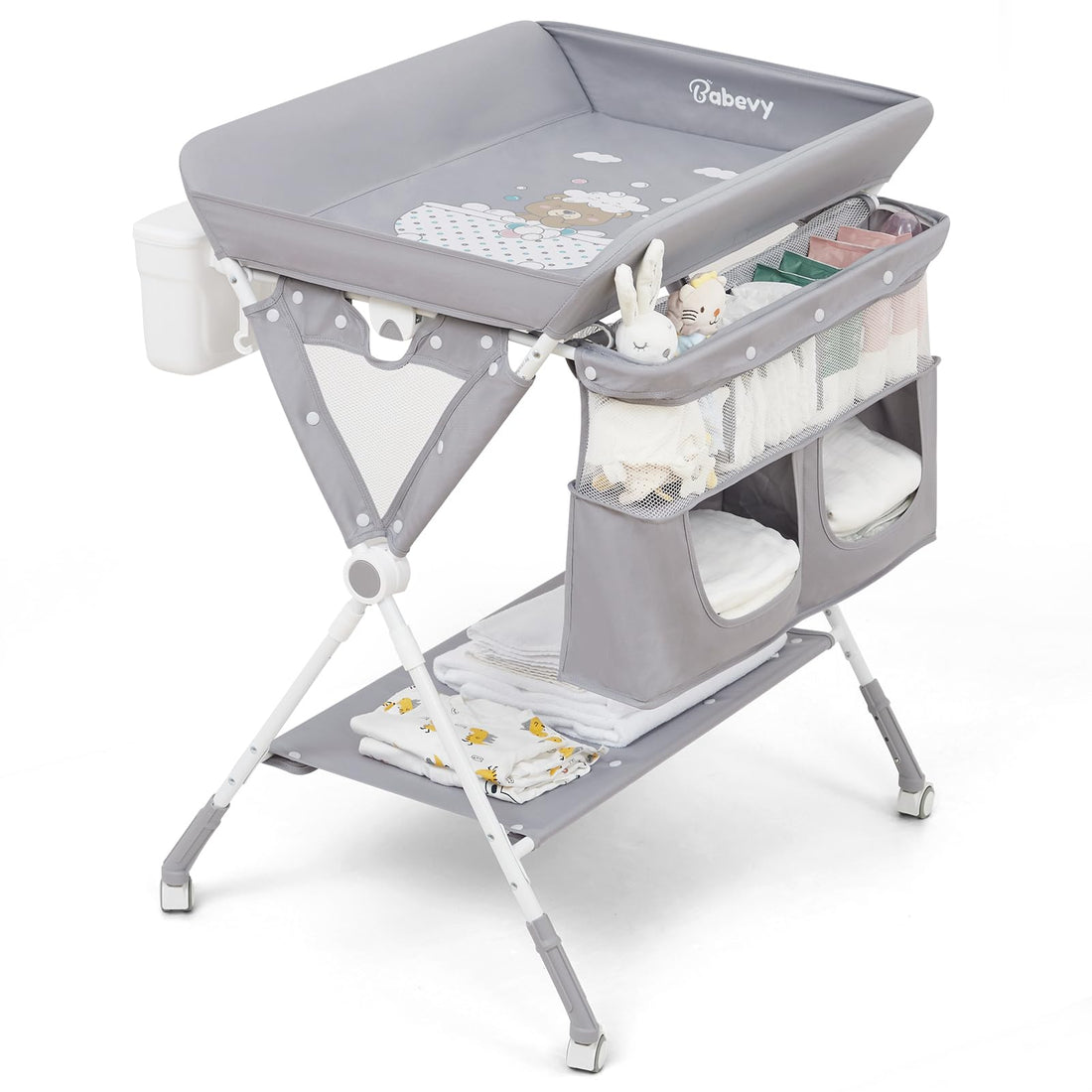 Portable Baby Changing Table, Babevy Foldable Diaper Change Table with Wheels, Adjustable Height, Cleaning Bucket, Changing Station for Infant Mobile Nursery Organizer for Newborn, Light Grey (Copy)