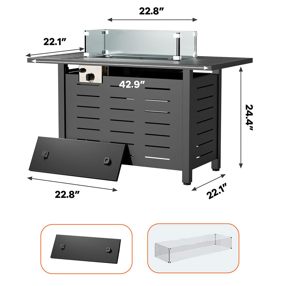 Garvee 44 Inch Gas Firetable, 48000 Btu Outdoor Propane Fire Pit with Lid, Glass Wind Guard, Waterproof Cover, 2 in 1 Firepit Table On Patio Deck Garden Backyard