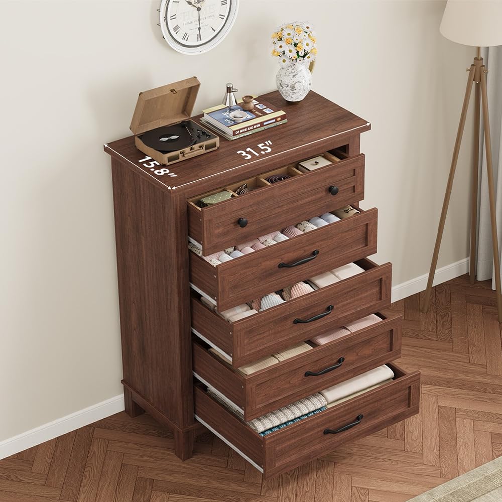 Garvee 5 Dresser for Bedroom, 41.3" Tall Dresser, Vertical Drawer Dresser with Storage Freestanding, Wooden Closet Dresser Storage Dresser Chest for Living Room, Bedroom, Entryway, Brown