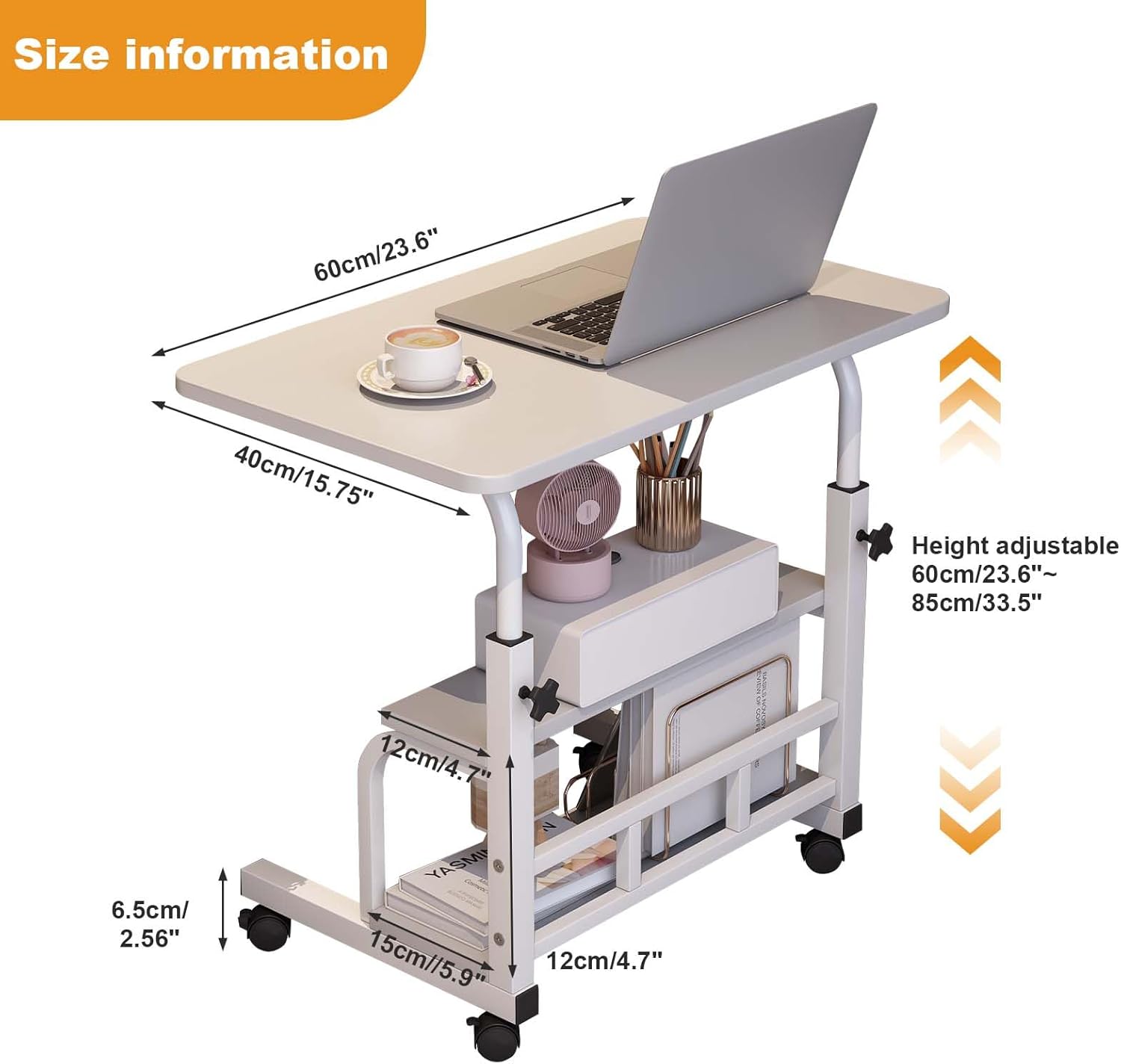 Garvee Adjustable Height Mobile Standing Desk, Portable Bedside Desk with Storage Shelves, Compact Laptop Desk for Home Office, Study, Small Spaces, Bedroom, White, 23.6"x15.7"