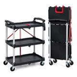 Garvee Collapsible Utility Cart, 3-Tier Foldable Service Cart with 360° Swivel Wheels, Ergonomic Handle, Heavy Duty Portable Rolling Tool Cart for Garage, Warehouse, Office, Red - red