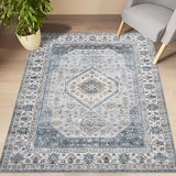 Garvee Area Rug 5x7 Washable Bedroom Rug Vintage Rug Non Slip Oriental Accent Rugs for Living Room Distressed Geometric Print Floor Carpet Retro Throw Rug for Kitchen Dining Room, Teal Grey - Green