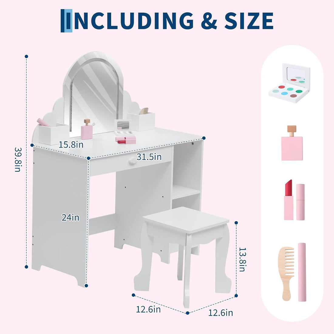 Garvee Kids Vanity with Lighted Mirror & Stool, 2 In 1 Little Girls Vanity and Wooden Makeup Playset with Adjustable LED Light, Storage Drawer & Shelves for Girls 3-9, White