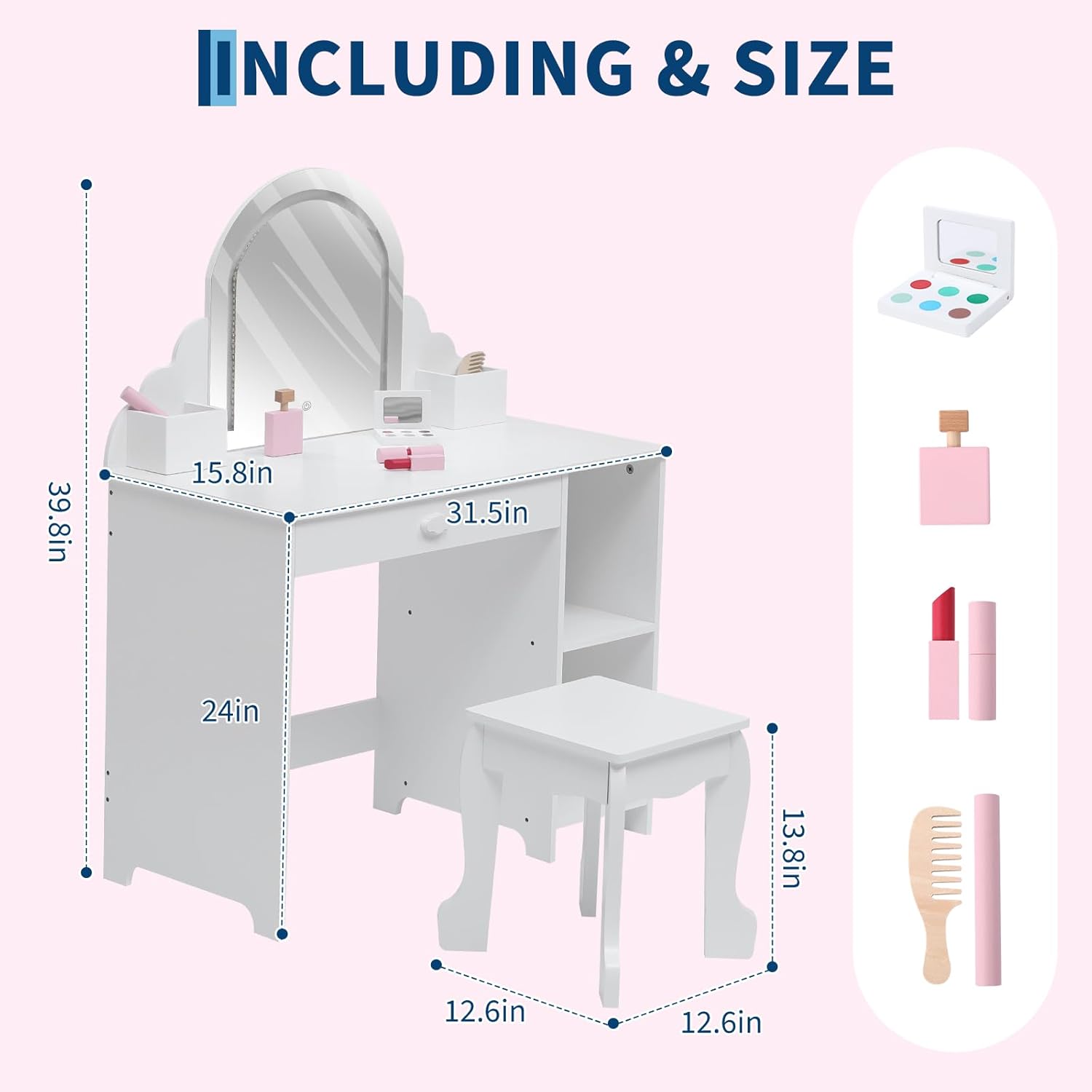 Garvee Kids Vanity with Lighted Mirror & Stool, 2 In 1 Little Girls Vanity and Wooden Makeup Playset with Adjustable LED Light, Storage Drawer & Shelves for Girls 3-9, White