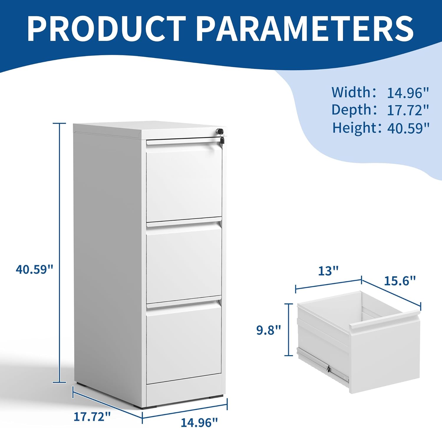 Garvee 3-Drawer File Cabinet with Lock, Heavy Duty Vertical Filing Cabinets for Home Office, Secure Locking Metal Steel Storage Cabinet for Letter/Legal Size File, Assembly Required, White