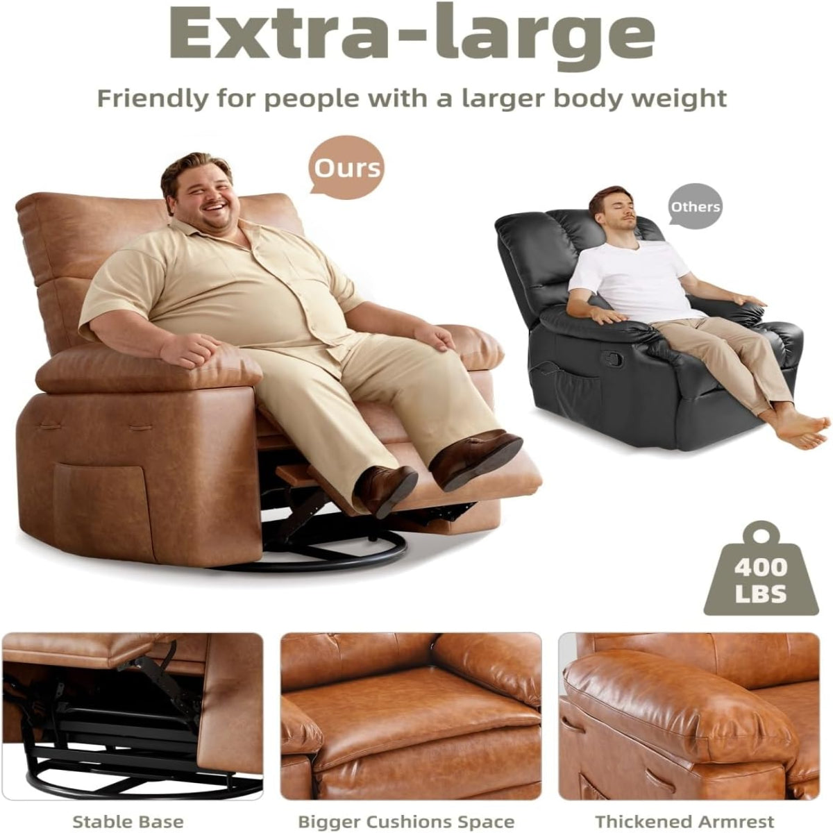 Garvee 22" Widen Recliner Chairs with Heat and Massage - 360° Swivel Lazy Boy Recliner Chair for Adults- Manual Rocking Chair with Cup Holder for Living Rooms, Bedrooms, and Nurseries - Brown