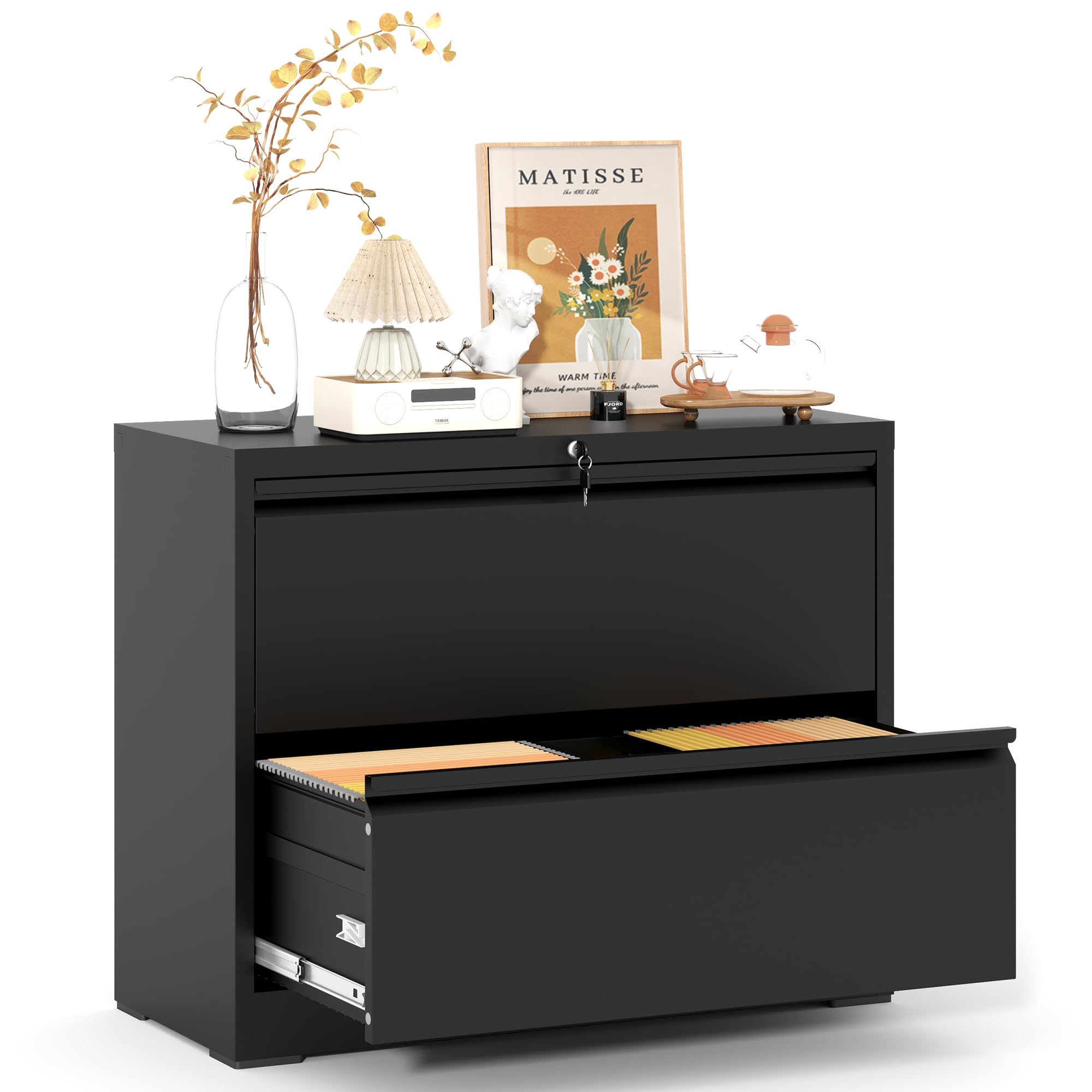 Garvee 2 Drawer File Cabinet with Lock, Metal Lateral Filing Cabinets for Letter/Legal Size Documents, Smooth Full-Extension Slides, Durable File Storage for Home Office, Black