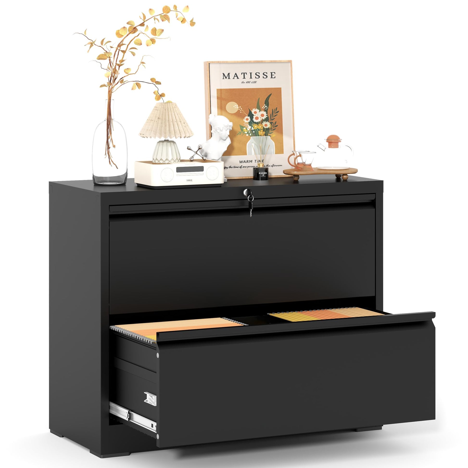 Garvee 2 Drawer File Cabinet with Lock, Metal Lateral Filing Cabinets for Letter/Legal Size Documents, Smooth Full-Extension Slides, Durable File Storage for Home Office, Black