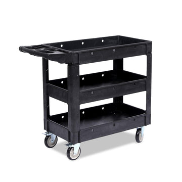 Service Cart, 550LBS 3-Shelf Heavy Duty PP Rolling Utility Cart with 360° Swivel Wheels, Large Shelf, Storage Handle for Warehouse/Garage/Cleaning