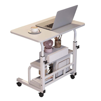 Garvee Adjustable Height Mobile Standing Desk, Portable Bedside Desk with Storage Shelves, Compact Laptop Desk for Home Office, Study, Small Spaces, Bedroom, White, 23.6"x15.7"