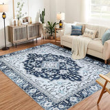 Garvee Washable Vintage Floral Area Rug 4x6- Non-Slip Print, Non-Shedding, Soft Foldable Carpets for Dining Room, Bedroom, Living Room, Kitchen Entryway, Blue - Blue