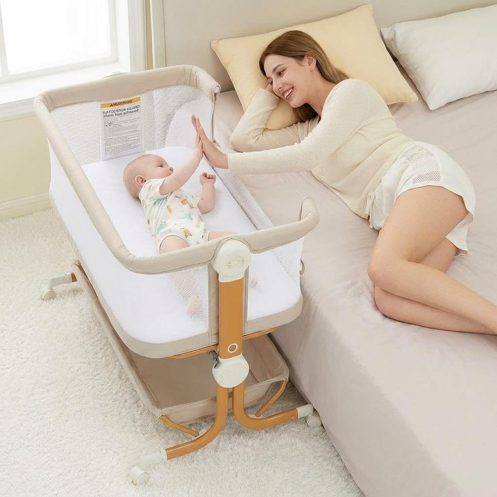 Garvee 3-in-1 Portable Baby Bassinet Bedside Sleeper in 6 Height Adjustable Design with Breathable Mesh and Storage Basket, Khaki