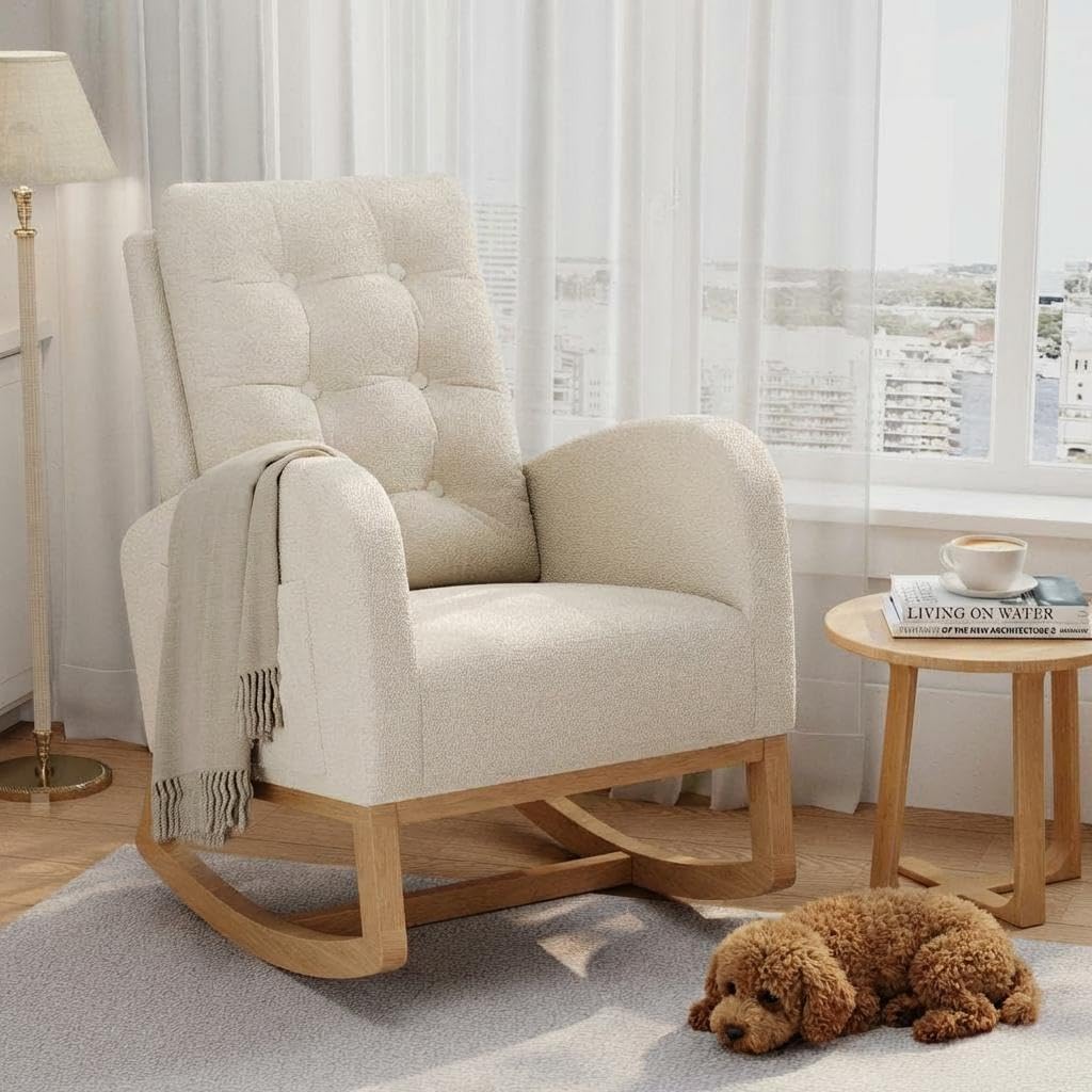 Garvee Nursery Rocking Chair, Upholstered Accent Rocker Chair, Tall Back Arm Chair with Side Pocket, Comfortable Glider Chair for Living Room, Bedroom, Beige
