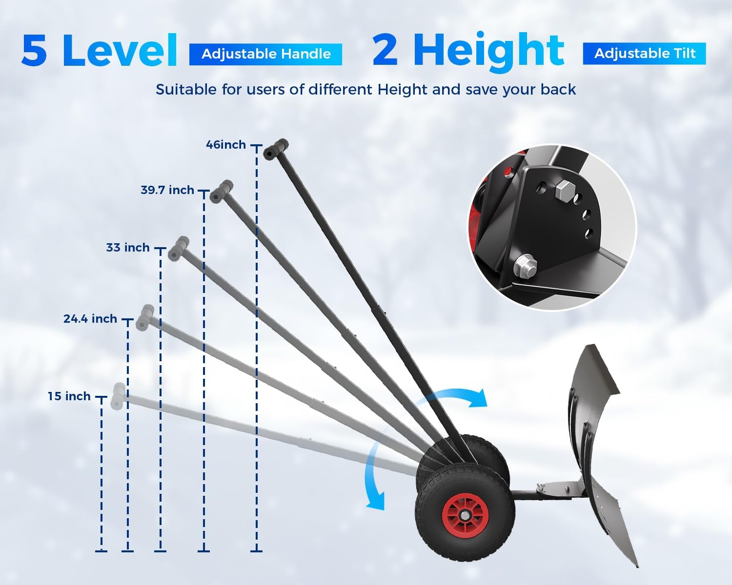 Garvee Snow Shovel Pusher with 29" Metal Blade & Adjustable Handle, Heavy-Duty Steel Frame, Dual 10" Wheels, Replaceable Strip, for Driveways & Sidewalks