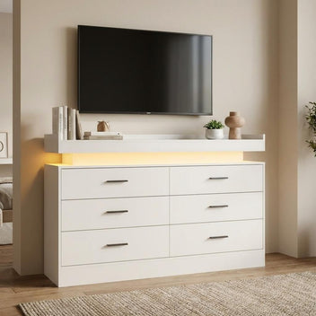 Garvee 47" TV Stand Cabinet with Power Outlets & LED Lights, 6 Drawer Dresser TV Console, Entertainment Center, Coffee Bar Sideboard Buffet for Living Room, Bedroom, Entryway, White