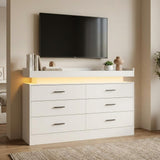 Garvee 47" TV Stand Cabinet with Power Outlets & LED Lights, 6 Drawer Dresser TV Console, Entertainment Center, Coffee Bar Sideboard Buffet for Living Room, Bedroom, Entryway, White - White