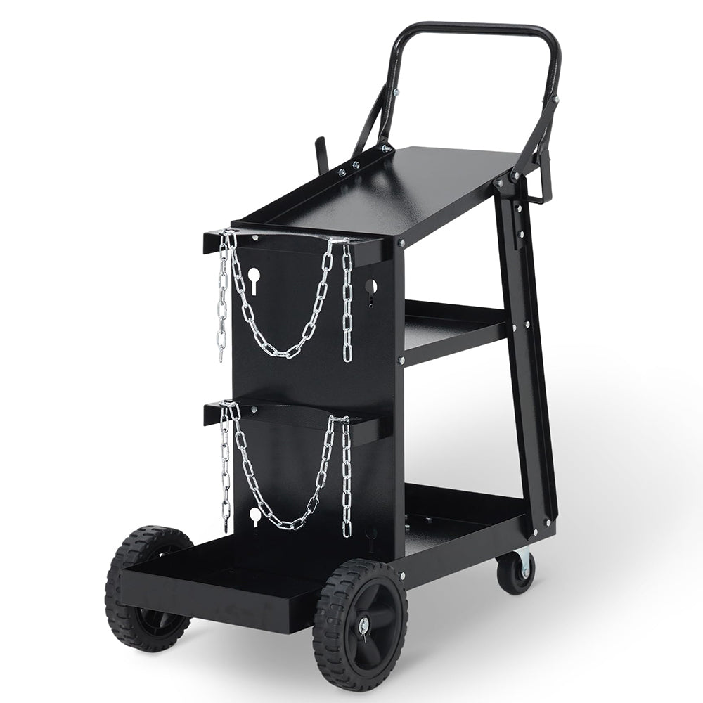 Garvee 3 Tier Welding Cart Heavy Duty Welder Cart With 360° Swivel Wheels Tank Storage Safety Chains Rolling MIG Welder Cart Black
