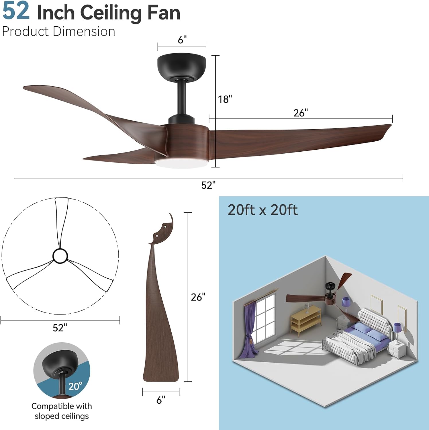 Garvee 52" Ceiling Fan with Light, Remote Control, 6-Speed, Quiet DC Motor, Dimmable 3CCT for Bedroom & Patio (Walnut)