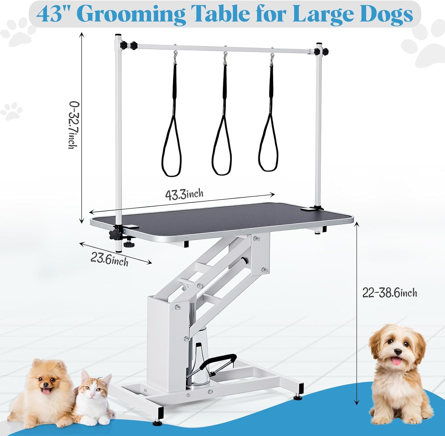 Garvee 43.3 in Hydraulic Pet Grooming Table, Professional Hydraulic Grooming Table w/Max 350 LBS Loading Capacity, 3 Adjustable Nooses, Noose & Non-Slip Top, White