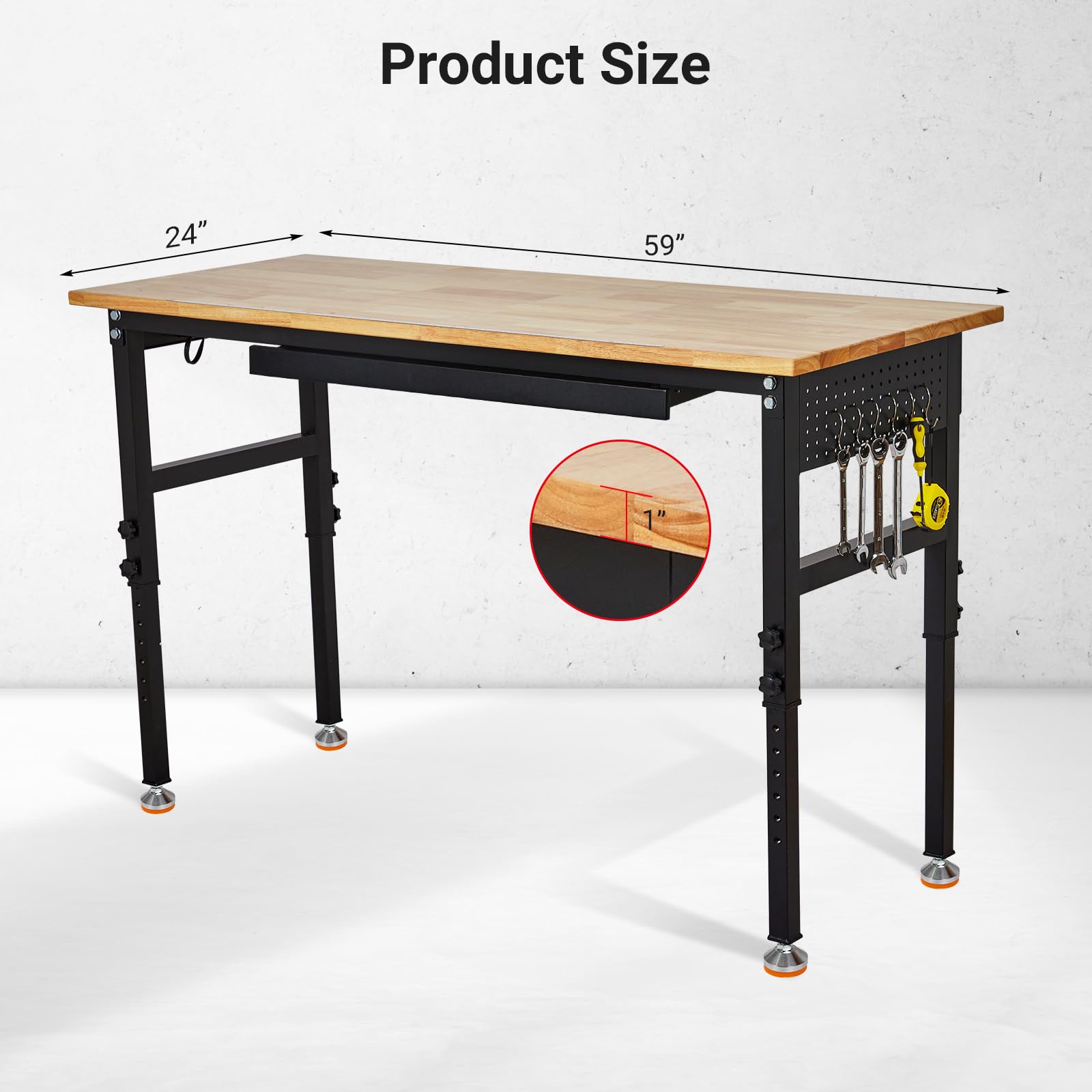 60 X 22 Adjustable Workbench With Power Outlets & Wheels, Heavy Duty 2000 Lbs Capacity Work Table Solid Rubber Wood Top Height Adjustable Metal Frame Garage 60 X 22 Adjustable Workbench With Power Outlets & Wheels, Heavy Duty 2000 Lbs Capacity Work Table Solid Rubber Wood Top Height Adjustable Metal Frame Garage