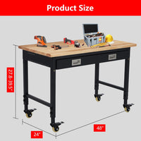 48" x 24" Adjustable Workbench 2000 Lbs Capacity, Rubber Wood Shop Table Heavy Duty Workstation with Drawer Table, Backplate, Metal Frame, Wood Top Workbench for Workshop Office Home Garage