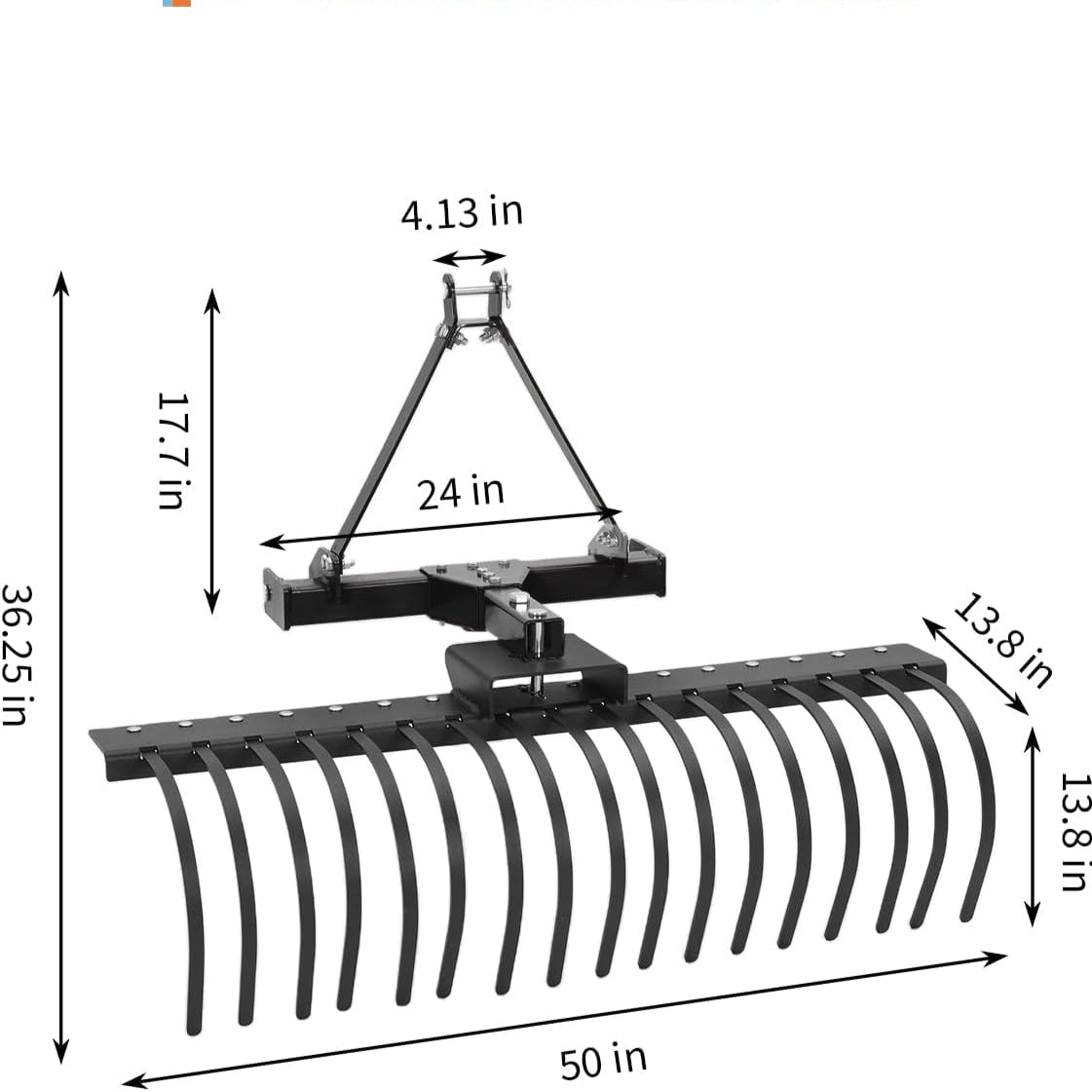 Garvee 50" Landscape Rake 3-Point Hitch CAT-0 CAT-1 Tractor 360° Rotation Replaceable Spring Steel Tines Quick Mount Carbon Steel Frame for Brush Clearing