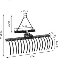 Garvee 50" Landscape Rake 3-Point Hitch CAT-0 CAT-1 Tractor 360° Rotation Replaceable Spring Steel Tines Quick Mount Carbon Steel Frame for Brush Clearing