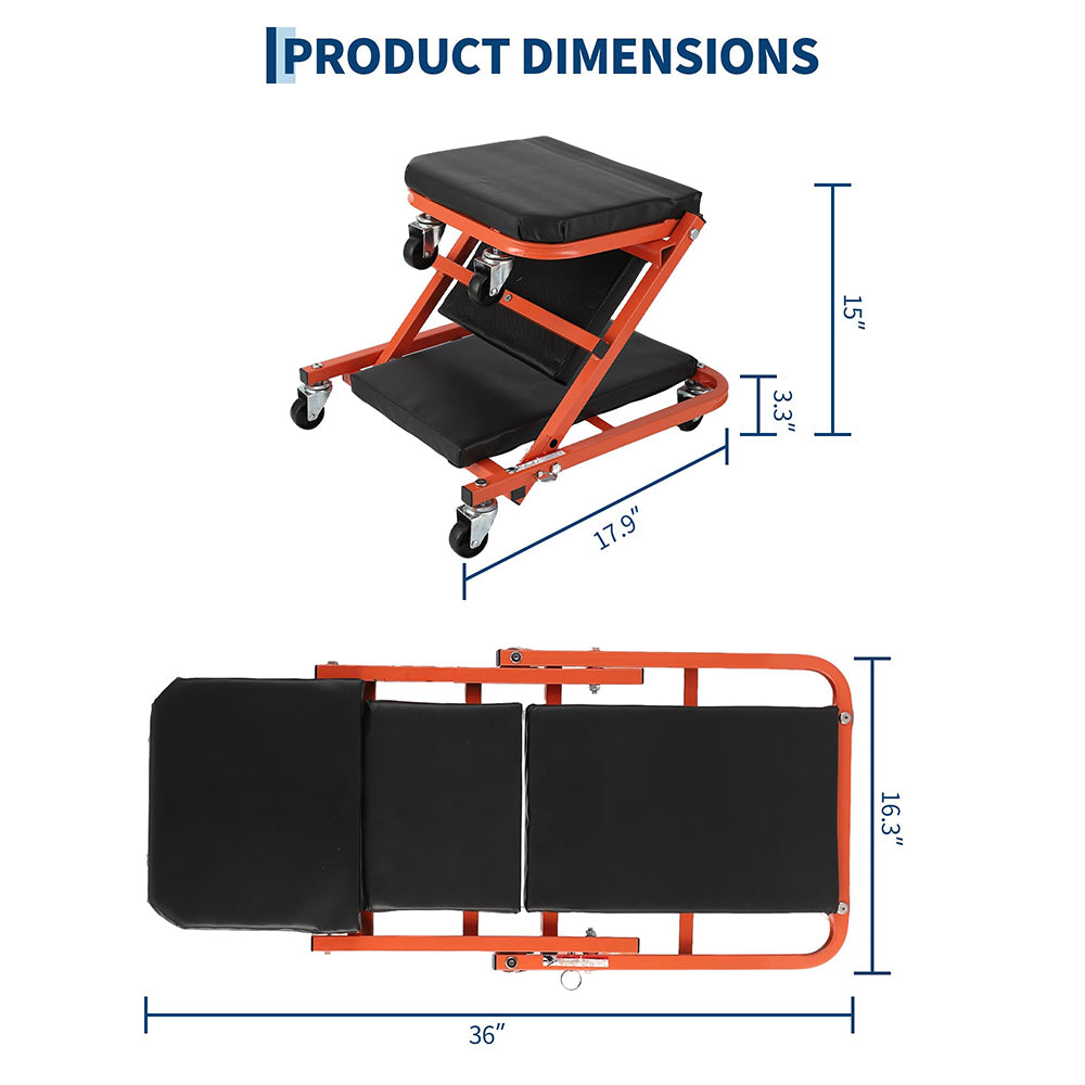 Garvee 36" Z-Creeper Seat on Wheels, Foldable Garage Creeper Shop Seat, 330 LBS Capacity, Black