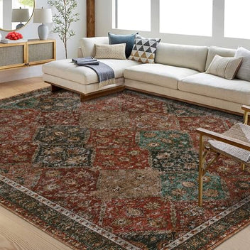 Garvee Persian Red 9x12 Area Rug Washable Rug Vintage Floral Rug Non Slip Retro Distressed Thin Country Farmhouse Rug Floor Cover Farmhouse Rug Carpet for Kitchen Living Room Bedroom Dining Room