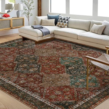 Garvee Persian Red 9x12 Area Rug Washable Rug Vintage Floral Rug Non Slip Retro Distressed Thin Country Farmhouse Rug Floor Cover Farmhouse Rug Carpet for Kitchen Living Room Bedroom Dining Room