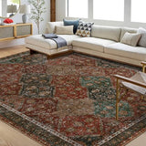 Garvee Persian Red 9x12 Area Rug Washable Rug Vintage Floral Rug Non Slip Retro Distressed Thin Country Farmhouse Rug Floor Cover Farmhouse Rug Carpet for Kitchen Living Room Bedroom Dining Room - Red