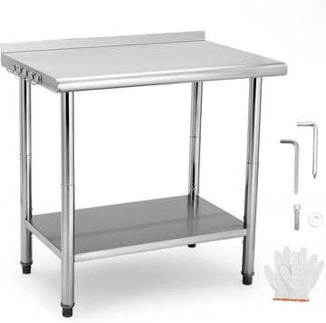 Garvee 36"L x 24"W x 35"H Stainless Steel Table for Prep & Work with Backsplash, Commercial Metal Kitchen Prep Table with Hooks and Adjustable Shelf, Heavy Duty Table for Home Garage Restaurant