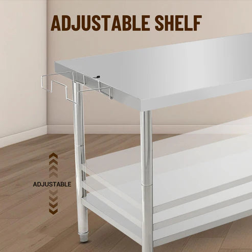 Garvee 72"L x 30"W x 35"H Commercial Food Prep Table Metal Kitchen Work Table with Adjustable Under Shelf, Stainless Steel Table with Hooks for Restaurant, Garage, Warehouse and Hotel