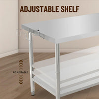 Garvee 72"L x 30"W x 35"H Commercial Food Prep Table Metal Kitchen Work Table with Adjustable Under Shelf, Stainless Steel Table with Hooks for Restaurant, Garage, Warehouse and Hotel