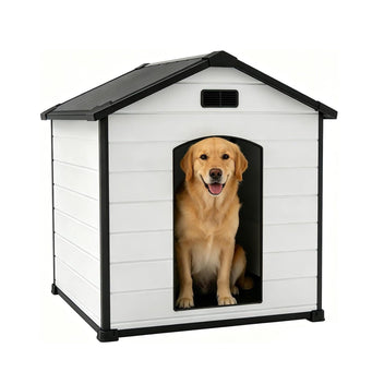 Garvee Large Dog House Indoor Outdoor Waterproof, 46" Durable Plastic Dog Kennel with Raised Floor, Removable Roof & Air Vent for Small to Large Dogs, Easy Assembly