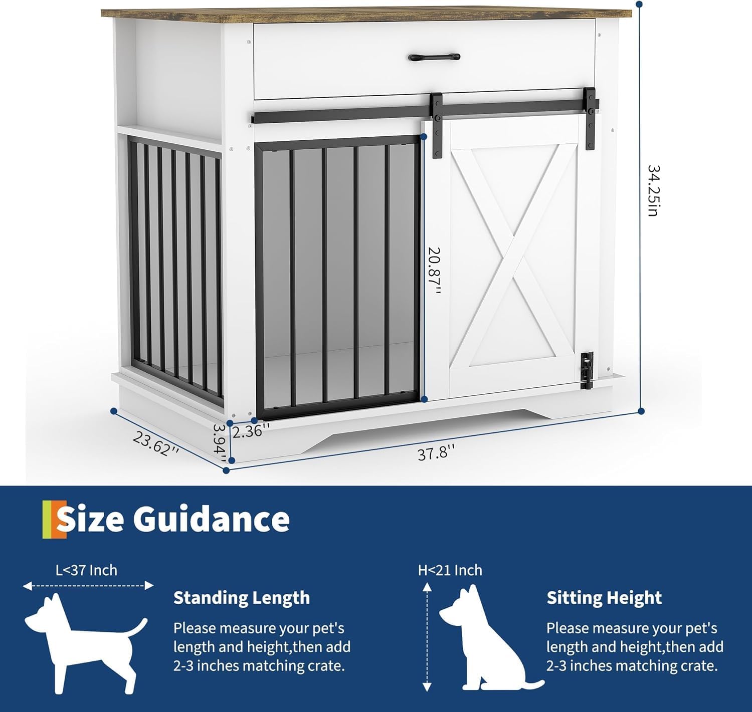 Garvee 38" Dog Crate Furniture, Wooden Dog Furniture with Sliding Door and Drawer, 2 in 1 Indoor Pet House and Side End Table for Small to Medium Dogs, White