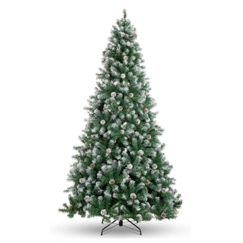 Garvee 9ft Pre-Lit Christmas Tree with Pinecone, Artificial Xmas Tree with Snowy Branch Tips, Hinged Metal Stand, Flame-Retardant Material, Fake Christmas Tree for Yard, Home, Entrances