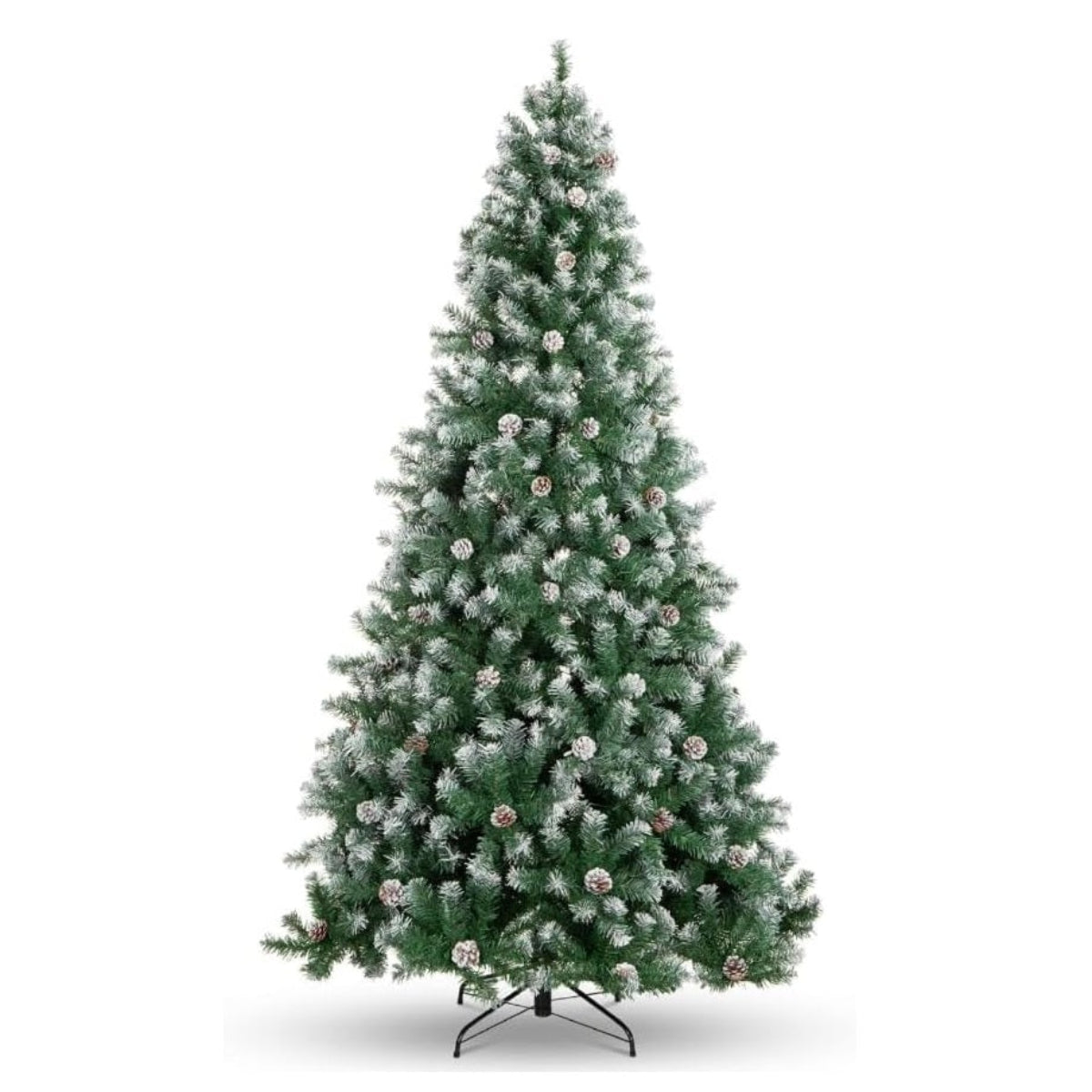 Garvee 9ft Pre-Lit Christmas Tree with Pinecone, Artificial Xmas Tree with Snowy Branch Tips, Hinged Metal Stand, Flame-Retardant Material, Fake Christmas Tree for Yard, Home, Entrances