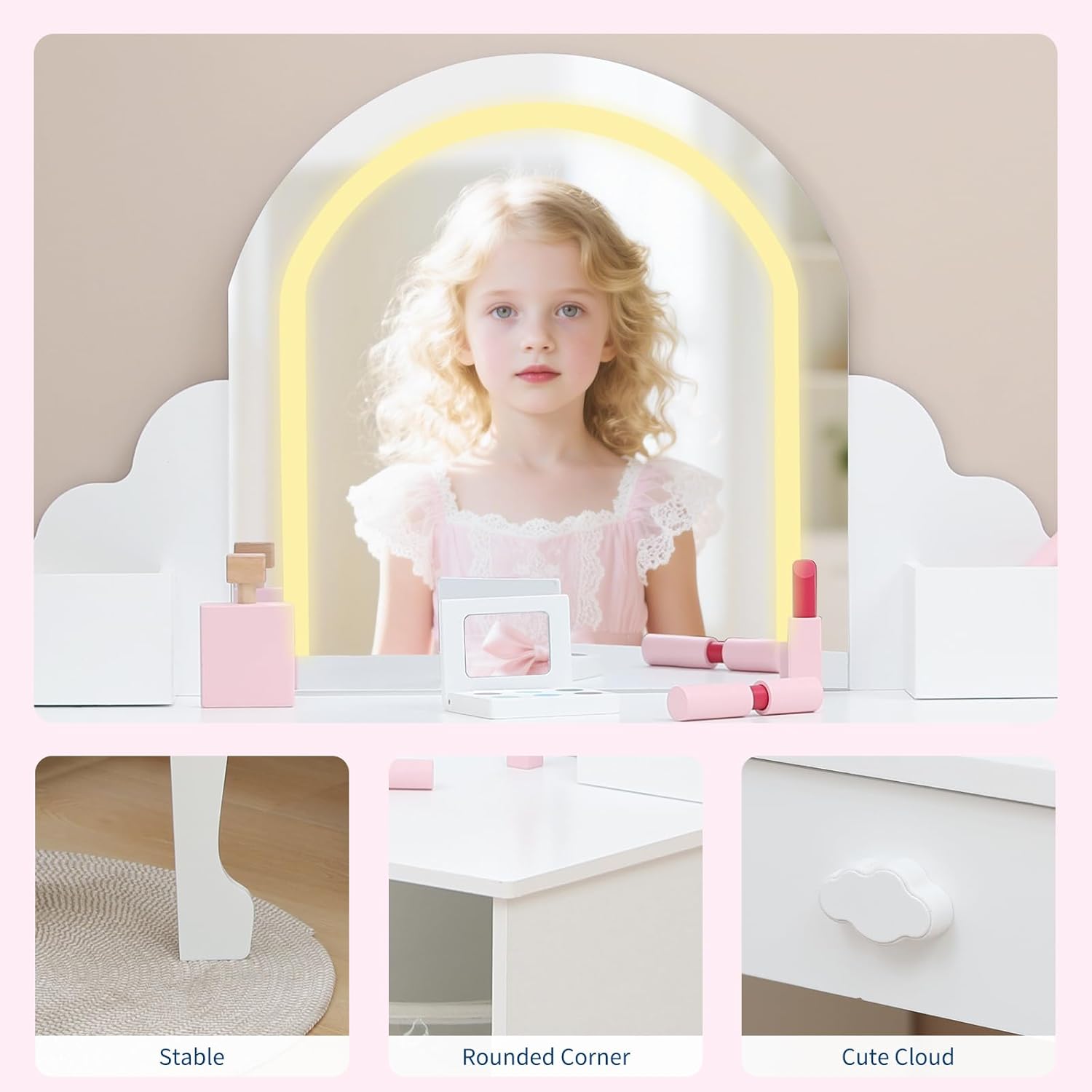 Garvee Kids Vanity with Lighted Mirror & Stool, 2 In 1 Little Girls Vanity and Wooden Makeup Playset with Adjustable LED Light, Storage Drawer & Shelves for Girls 3-9, White