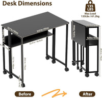 Garvee Folding Desk Small Rolling Desk with Storage Shelf, 24.8 Inch Foldable Computer Table with Wheels, Portable Office Desk for Small Space End Table,Writing Work Office Computer Desk, Black