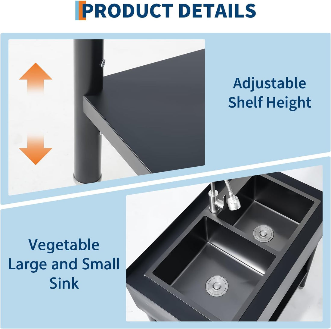 Garvee 22"D X 37"W X 39"H Freestanding Stainless Steel Double Bowl Kitchen basin - 360° Rotating Faucet - Durable, Rust Proof, Easy to Clean - Modern Black Finish - For Home, Kitchen, Bar, Laundry